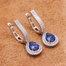 5.00Ct Pear Cut Natural Blue Sapphire Diamond Earrings 14K White Gold picture