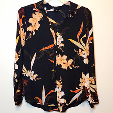 Worthington Womens Sz L Black Floral Button-Front Long Sleeve Sheer Blouse picture