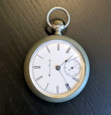 Antique Hampden Watch Co. Open-Face Silver Pocket Watch Black Roman Numerals picture