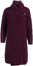 SAOL Irish Knit Long Cardigan Women's 100% Merino Wool Single Berry Button Coat picture