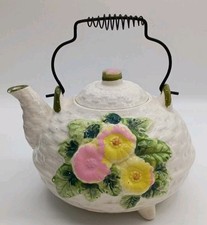 Vtg. 50s Japan Ceramic Basketweave Footed Teapot Pink Yellow Floral Wire Handle picture