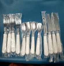 VTG Gibson 12 Pc Housewares White Handle Stainless Steel Flatware Set 12 Pc picture