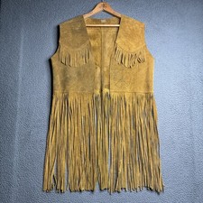 VTG 70s Suede Fringe Vest Festival Boho Hippie Leather Long Peace Sign picture