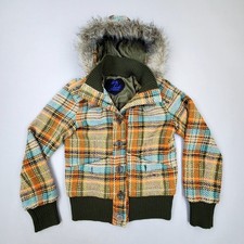 Vtg Y2K Jack BB Dakota Plaid Tweed Button Up Jacket Womens Size M Bomber Hoodie picture