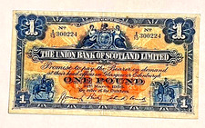 UNION BANK OF SCOTLAND 1 POUND NOTE 1936 VINTAGE SCOTTISH CURRENCY I/13 300224 picture