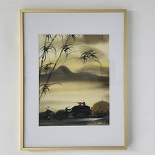 Vintage Vietnamese Silk Painting Water Buffalo Scene Hand Painted Signed Framed picture