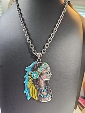 Large Twisted Chain With Native Indian Girl Pendant Necklace picture