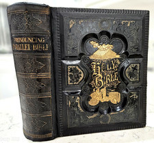 1876 antique bible Pronouncing parallel columns family pictorial 1800s Victorian picture