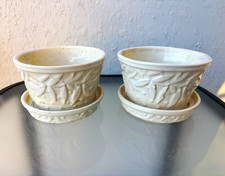 Pair of Vintage McCoy Pottery Planters w/ Saucers Ivory White Leaf Berry Design picture