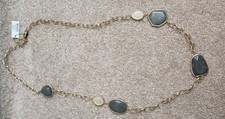 Chico's Gold Tone Long Station Necklace Grey Cream Faux Stone Accents - NWT $59 picture