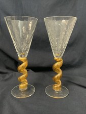Union Street Glass Gold Spiral Stem Crackled Goblets/Glasses  Lot Of 2   9” Tall picture