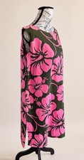 Vintage 60s 70s Hawaiian Paradise Pink Green Mod Hibiscus Floral Island Dress picture