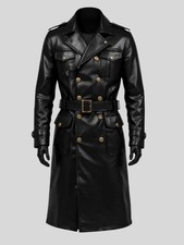 Men's German Classic WW2 Military Officer Uniform Black Leather Trench Coat New picture
