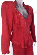 Totally 80s Vintage Karen Okada David Howard Red 100% Suede Skirt Set Suit Sz 10 picture