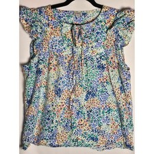 J. Crew Factory Multicolor Floral Tie-Front Flutter Sleeve Cotton Blouse Top, XL picture