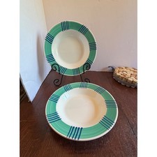 Pier 1 Imports Italy Handpainted Pasta Bowls Set 2 Teal Blue Striped Rim 9.25
