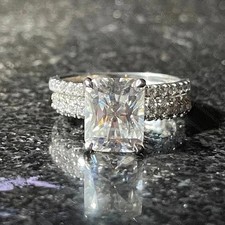 2.84 TCW Radiant Cut Moissanite Bridal Set Engagement Ring 14k White Gold Plated picture
