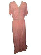 MEROKEETY Pink Lace Floral V-Neck Short Sleeve Maxi Dress Zip Back Size L picture