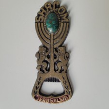 Vintage Brass Jerusalem Shalom Bottle Opener Menorah & Eilat Style Stone picture