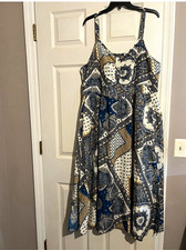 BLOOMCHIC Women’s Plus 3XL Blue White Brown Paisley V-Neck Sundress picture