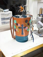 Handmade Leather Crossbody Bucket Bag Cross Floral Appliqué With Bag Charms picture