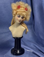 Exquisite Antique Austrian Wax Doll Bust on Pedestal w Fantastic Elaborate Wig picture