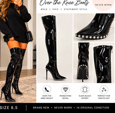 Steve Madden Women’s US 8.5 Over the Knee Black Patent Rhinestone Zip Boots picture