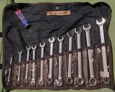 New Vtg WRIGHT TOOL 12 POINT SAE 11 PIECE COMBO WRENCH SET W/SLOTTED DENIM POUCH picture