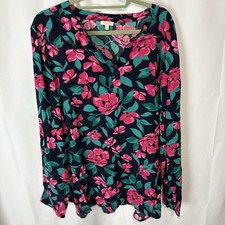 Talbots Women’s XL Navy Blue Pink Floral Blouse Classic Mature Work Office picture