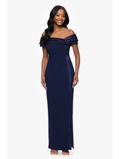 Betsy And Adam Navy Blue Off-The-Shoulder Organza Crepe Dress Size 10 $268 picture