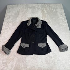Luisa Spagnoli Black Virgin Wool Knit Blazer Jacket Herringbone Trim Flower M picture