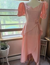 Vintage 80s Peachy Pink Taffeta Prom Dress Puff Sleeve Peplum Glam Hi Lo picture
