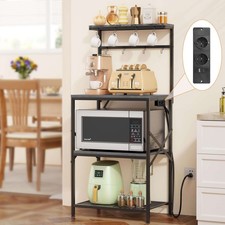 Bakers Rack with Power Outlet, Kitchen Shelves Microwave Stand with Wire Grid an picture