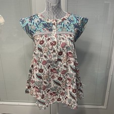 NWT Anokhi Floriana Blouse Short Sleeve Cotton Tunic Top Floral White/Blue XS picture