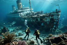 Shipwreck 1900s Ocean Liner Divers Observing Poster Sea Art Print 24 x 16 in picture