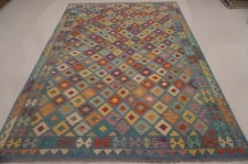 8x11 ft Blue Afghan Handmade Geometric Wool Kilim Area Rug (8'x11'4