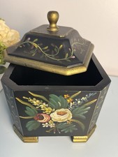 Vintage Toleware Tea Caddy Octagonal Black Floral Canister Japanned Chinoiserie picture