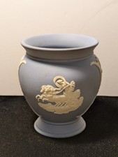 Vintage Wedgwood Blue Jasperware Vase w/ white embossed figures 4