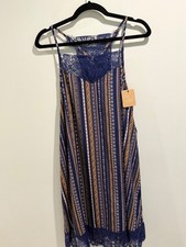 M2Love Boho Striped Lace Yoke Mini Shift Dress Size Medium NWT picture
