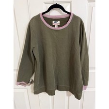 Lands End Serious Sweats Olive Green Sweatshirt Womens L 14-16 Pink Stripe Trim picture