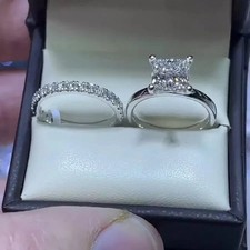 2.20Ctw Princess Cut Moissanite Bridal Set Engagement Ring 14K White Gold Plated picture