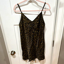 Zara Women's M Brown/Black Leopard Satin Ruched V-Neck Mini Slip Dress picture