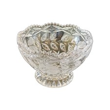 Crystal Cut Clear Footed Floral Sawtooth Bowl with Flower Leaves Vintage picture