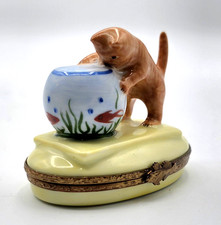 Vintage Limoges Orange Cat Kitten with Fish Bowl Trinket Box Peint Main ~ France picture