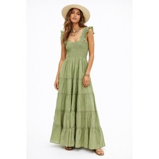 Few Moda Calypso Green Striped Smocked Tiered Maxi Dress S NWT picture