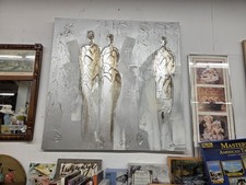 Signed Large Unframed Canvas Abstract Modern People Painting Silver Gold picture