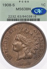 1908-S 1C PCGS MS63 BN CAC OGH Indian Head Cent Penny San Francisco picture
