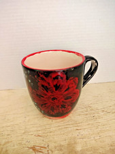 Artist Signed Handmade Studio Pottery Mug Black Red Floral Hand Painted Ceramic picture