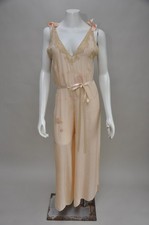 Antique VTG 1920s Peachy Silk Loungewear Jumpsuit Lace Details, Belt, Headband S picture