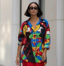 Escada Margaretha Ley Silk Blouse Graphic Art Print Red Black Button Shirt M/L picture